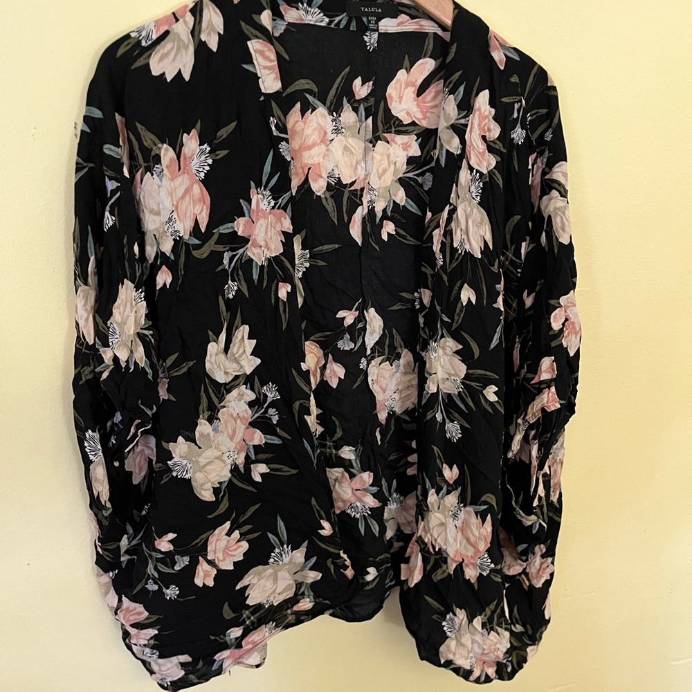 Talula Black Floral Lightweight Open Front Kimono Style Top